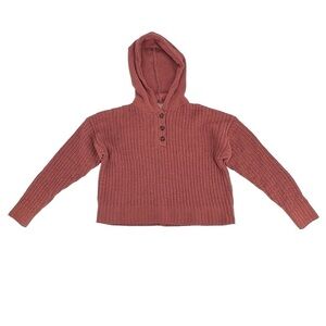 Poof Apparel Mauve Knitted Hooded Crop Button Up Sweater Size Medium Women’s